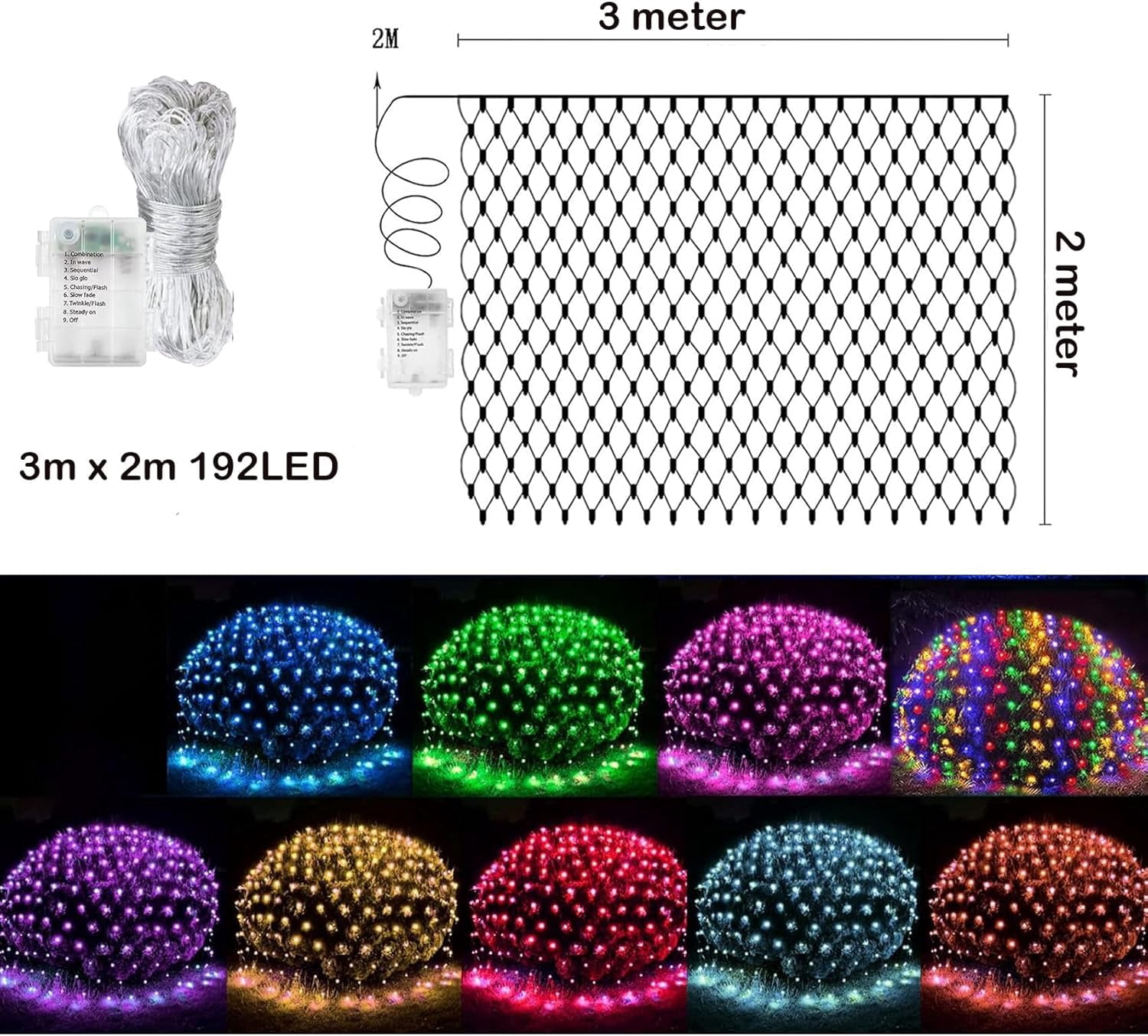 Garden Net Lights Battery Operated 2x3M 192LED Waterproof Net Mesh String Lights 8 Modes Fairy Lights for Indoor Outdoor Christmas Tree Bush Garden Backyard Décor