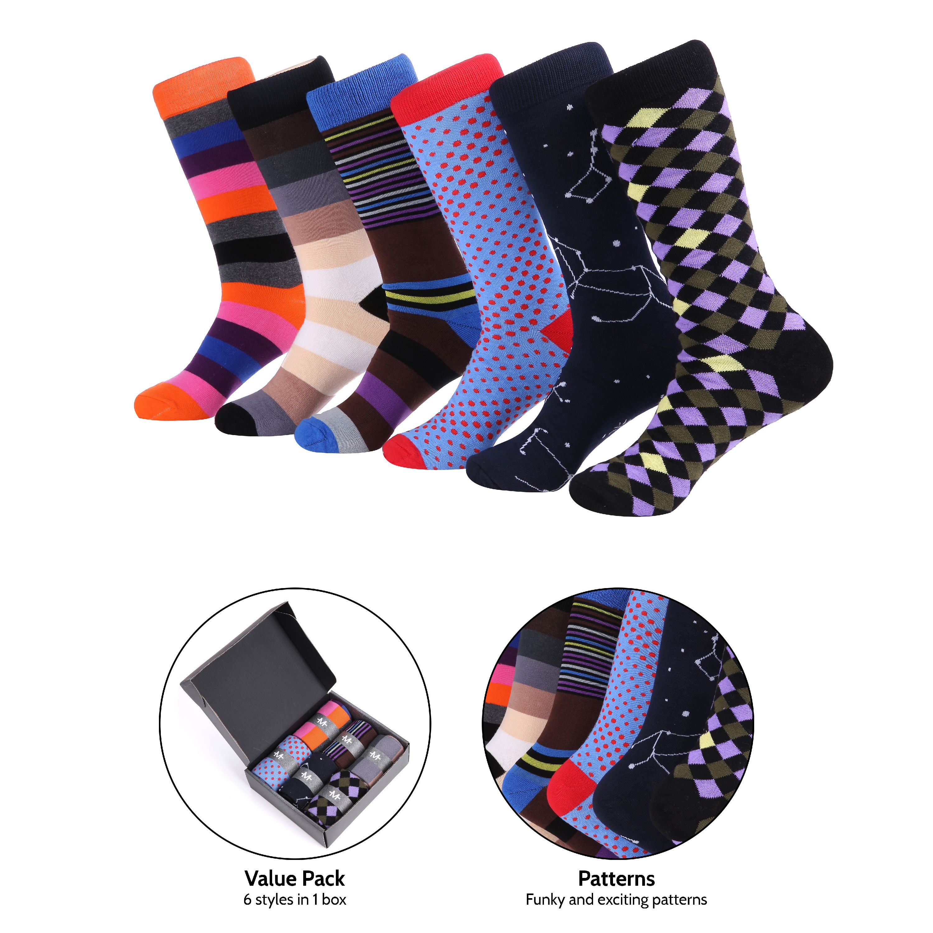Marino Mens Dress Socks - Fun Colorful Socks for Men - Cotton Funky Socks - 6 Pack