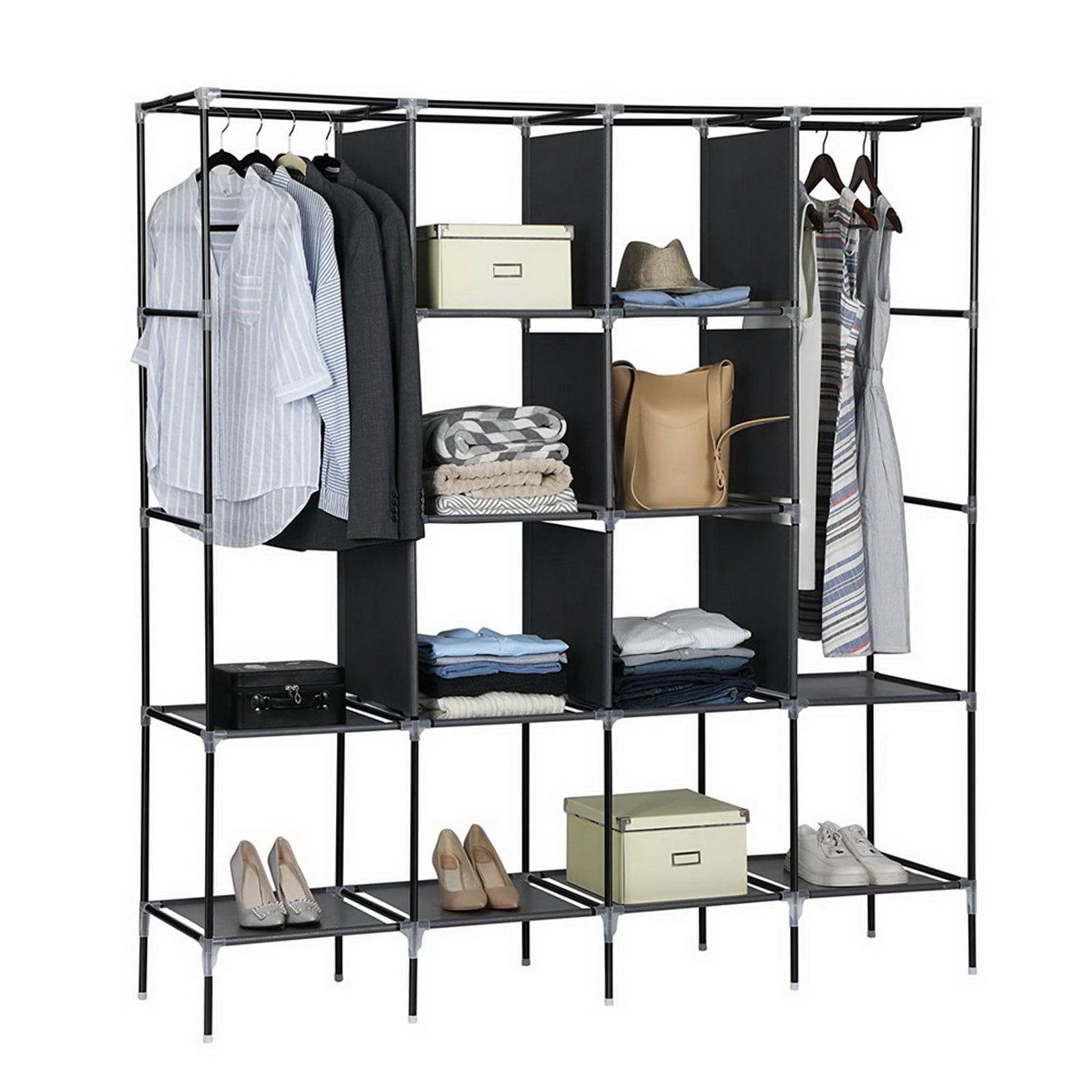 67" Clothes Closet Portable Wardrobe Clothes Storage Rack 12 Shelves 4 Side Pockets, Gray