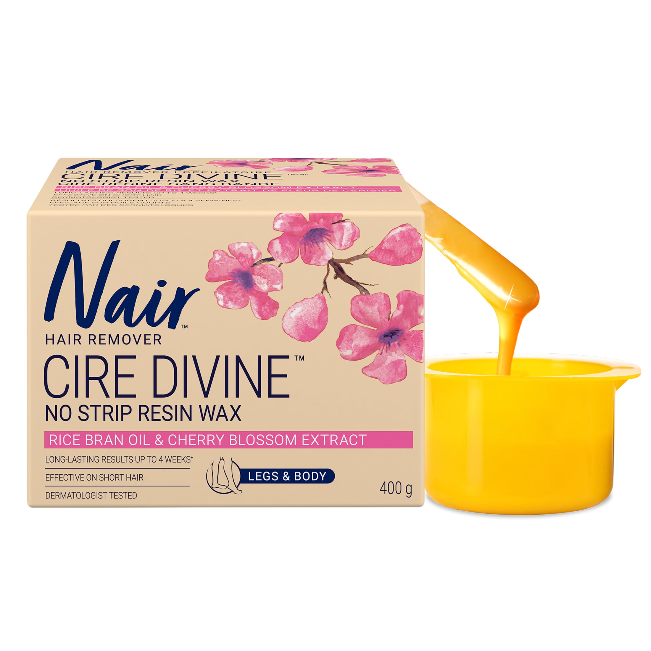 Nair Cire Divine Microwave Resin Wax for Legs & Body with Japanese Cherry Blossom and Rice Bran Oil, 400g