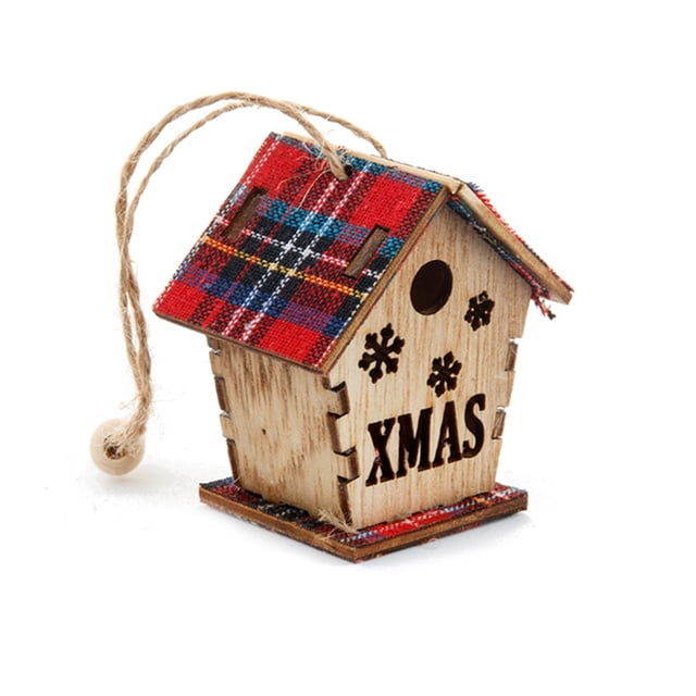 Visland Pendentif en Bois de Noël Cabine Incliné/vertical Rouge Plaid Robuste Réutilisable Cadeaux Scène Mise en Page Mini Décor Suspendu Noël Maison en Bois Pendentif Parti Faveurs