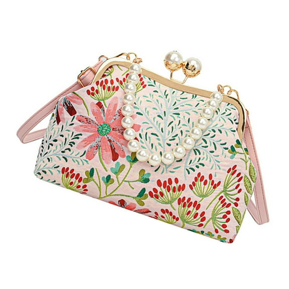 FENOHREFE Elegant Retro Flower Embroidery Handbag Shoulder Purse Evening Bag with Pearls Chain Decors Crossbody Bag for Women