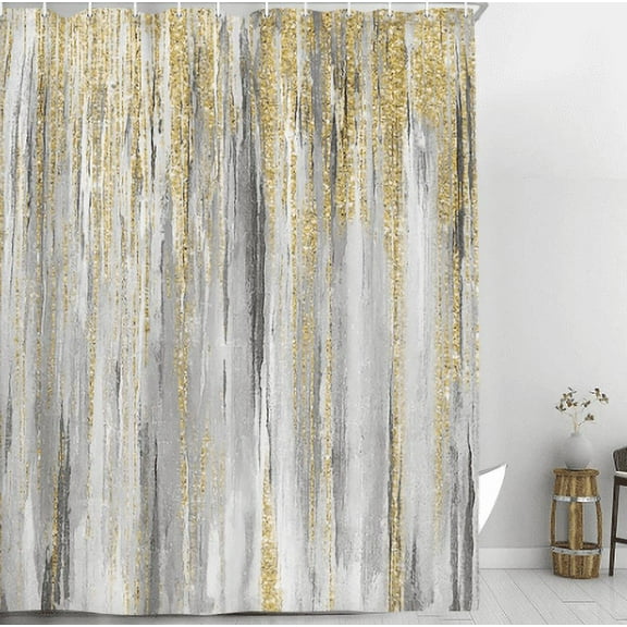 Abstract Shower Curtain, Modern Aesthetic Stripe Shower Curtain Sets With 12 Hooks For Bathtub Bathroom Gray Yellow Contemporary Abstract Painting Fabric