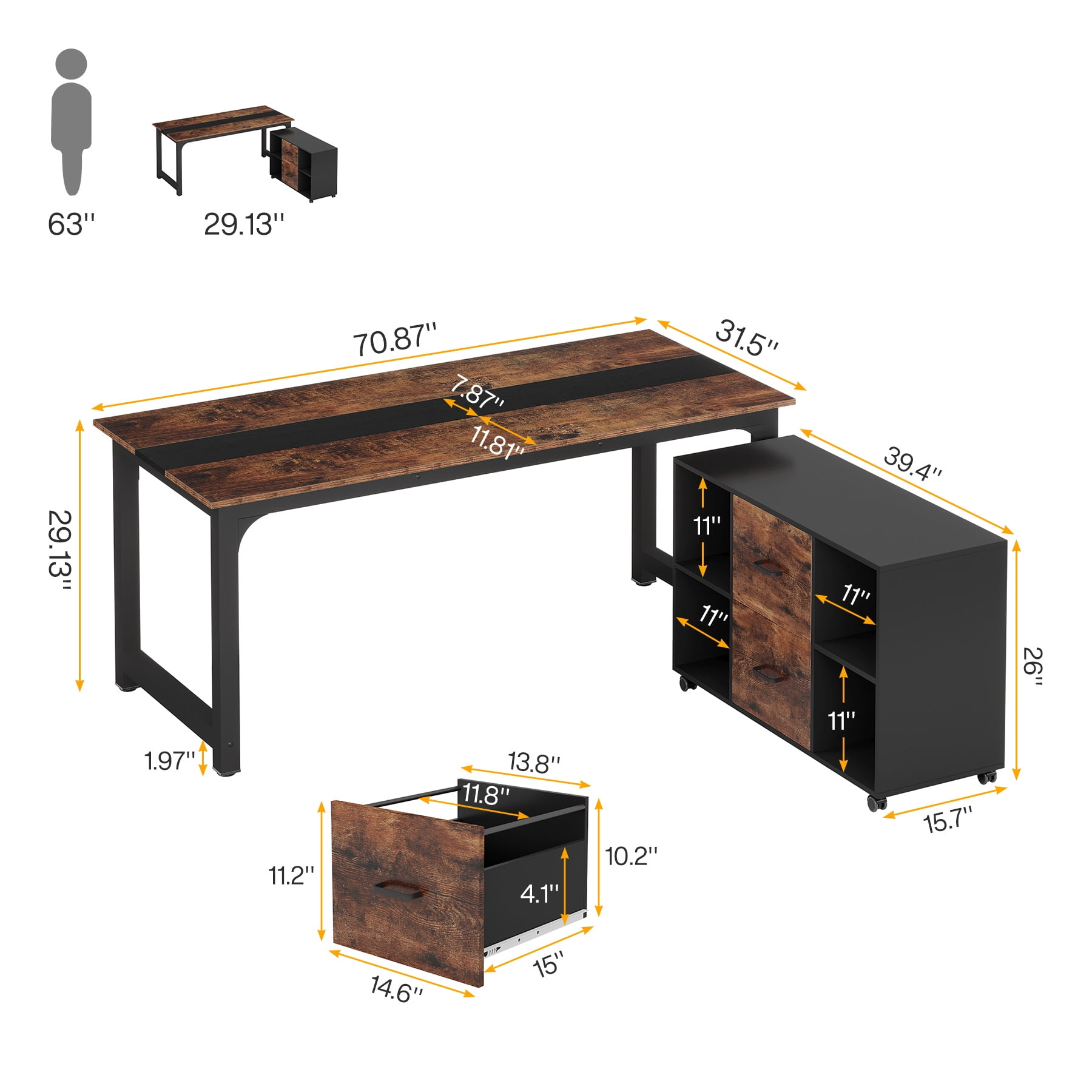 Tribesigns Executive Computer Desk with File Cabinet, 71-inch Home Office Desk with Filing Storage Drawer Cabinet, Brown & Black