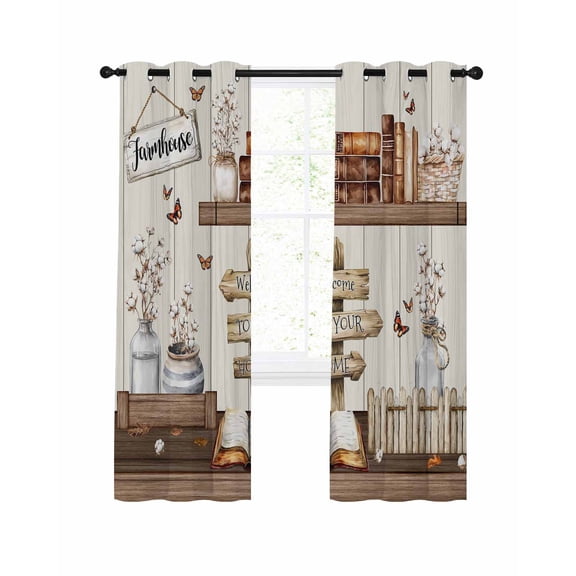 Farmhouse Vintage Blackout Curtains, Light Blocking Print Window Curtains, Country Cotton Book Butterfly Art Thermal Insulated Window Drapes for Living Room Kitchen Cafe 2 Panels, 104"W x 84"L