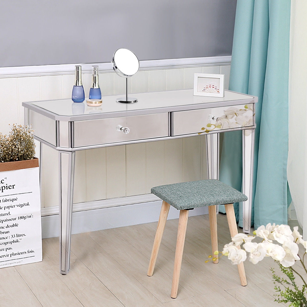 Costway Vanity Make-Up Desk Console Dressing Silver Glass Table Modern ...