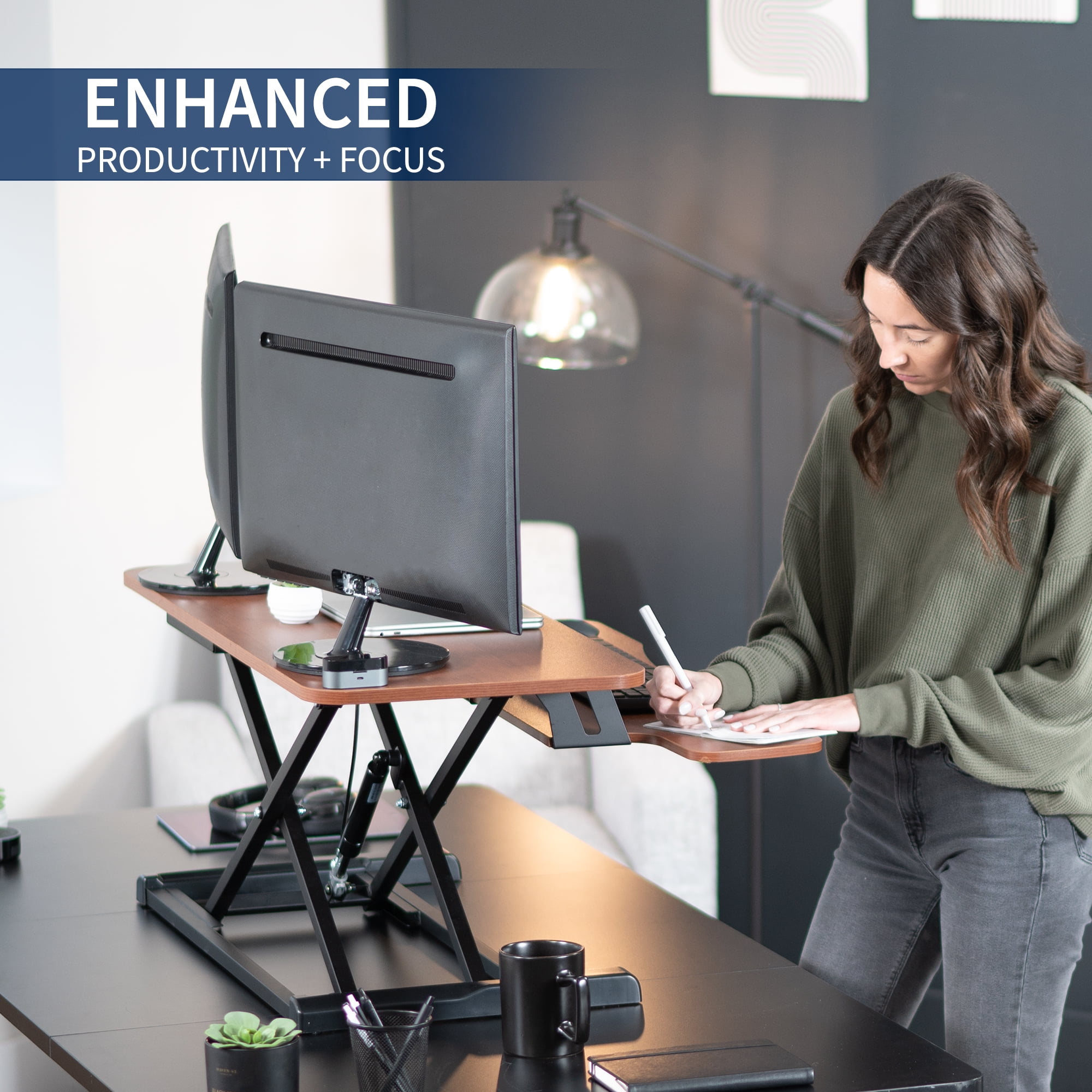 VIVO Dark Walnut Height Adjustable 36" Standing Desk Monitor Riser, Black Frame