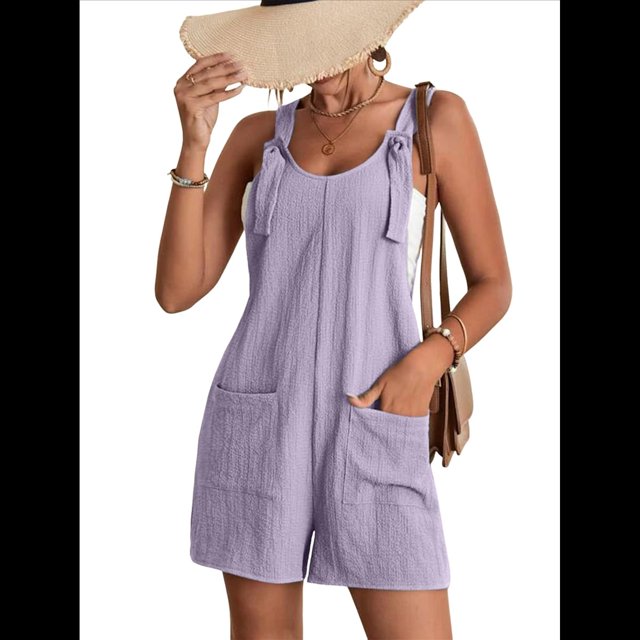Cortos de Verano A para Mujer, Casuales Sin Mangas con Bolsillos Púrpura Lavanda M