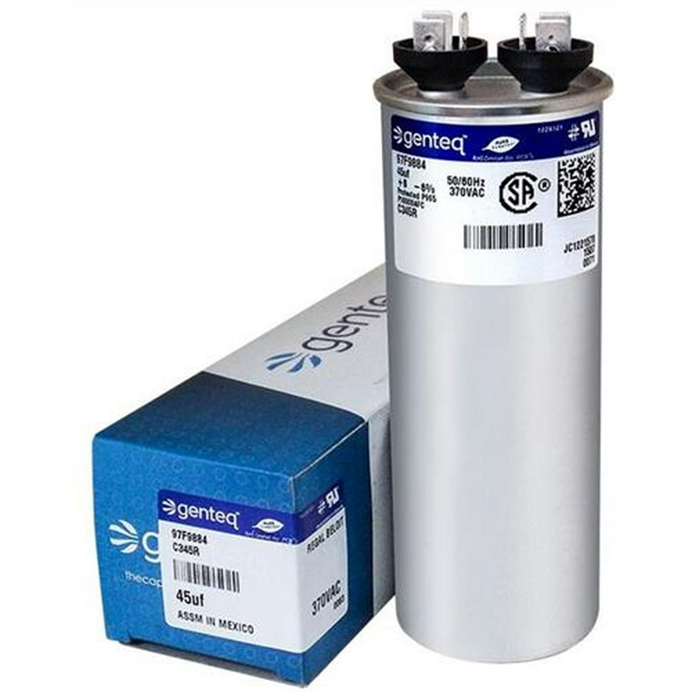 45 uF MFD x 370 VAC Round Genteq / GE Industrial Replacement Capacitor C345R / 97F9884 45 uF MFD x 370 VAC Round Genteq / GE Industrial Replacement Capacitor C345R / 97F9884