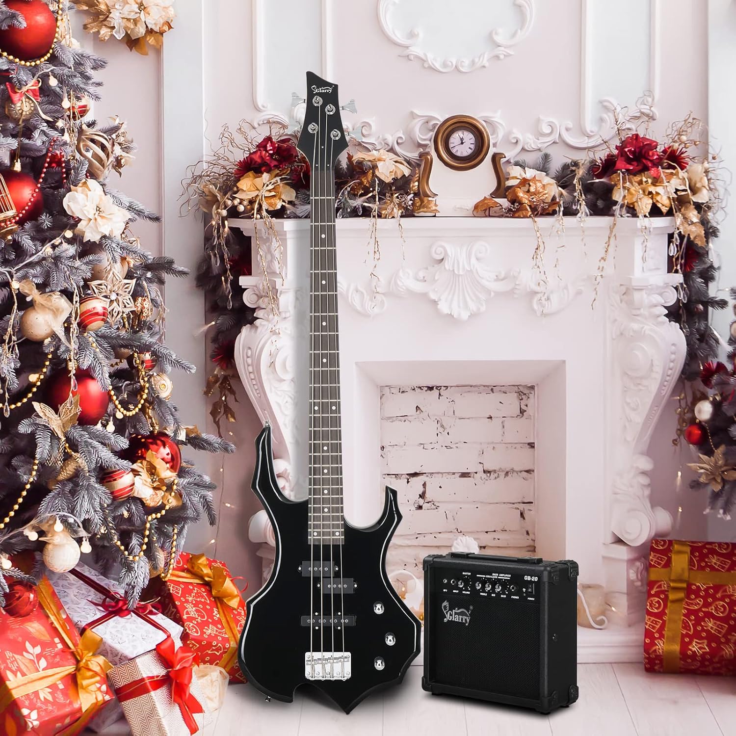 GLARRY Electric Bass Guitar 4 Strings Buring Fire Style Single Coil - Split Single Coil Pickups for Beginner Adults Right Hand w/ 20W Amp, Bag, Strap and Cord (Black)