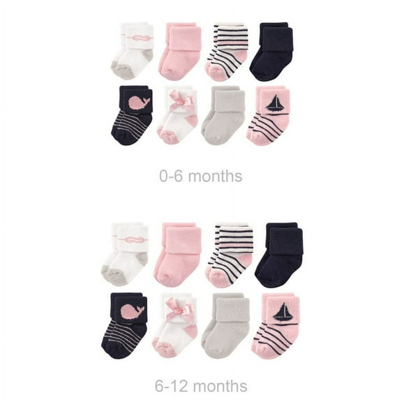 Luvable Friends Infant Girl Grow with Me Cotton Terry Socks, Pink Sailboat, 0-6 and 6-12 Months