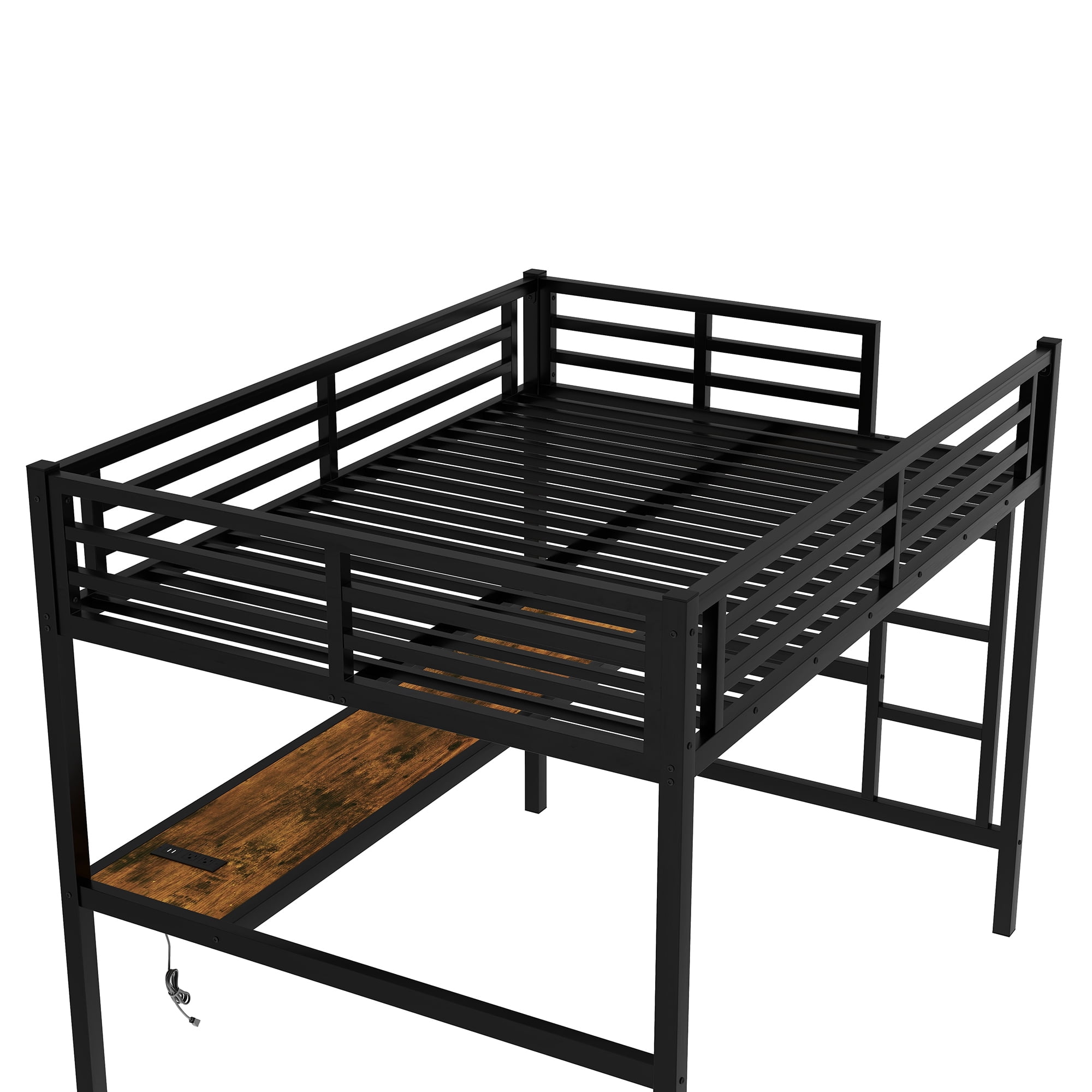 Leumius Full Size Loft Bed,Metal Bed Frame with Power Outlet and LED Lighted,Space-Saving, Noise Reduced, Black