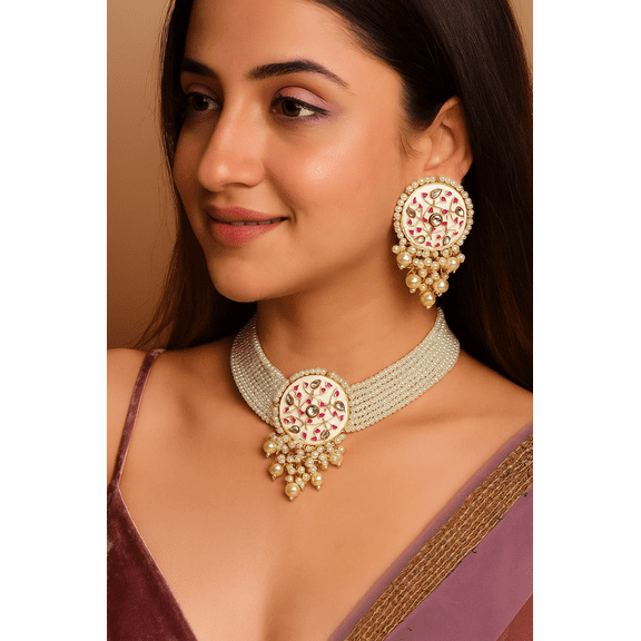 Vivajewels1 Pearl Enameled Choker Necklace & Earrings with Kundan and Beads for Women Jewelry Set