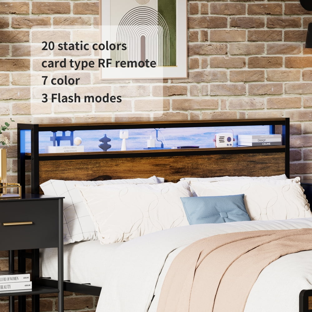 Queen Size Bed Frame, Storage Headboard with LED light, Charging Station