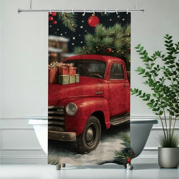 RKSupls Christmas Shower Curtain, Christmas Red Truck Shower Curtain with Hooks for Christmas Home Bathroom Decor Washable Curtains, 36x72 in