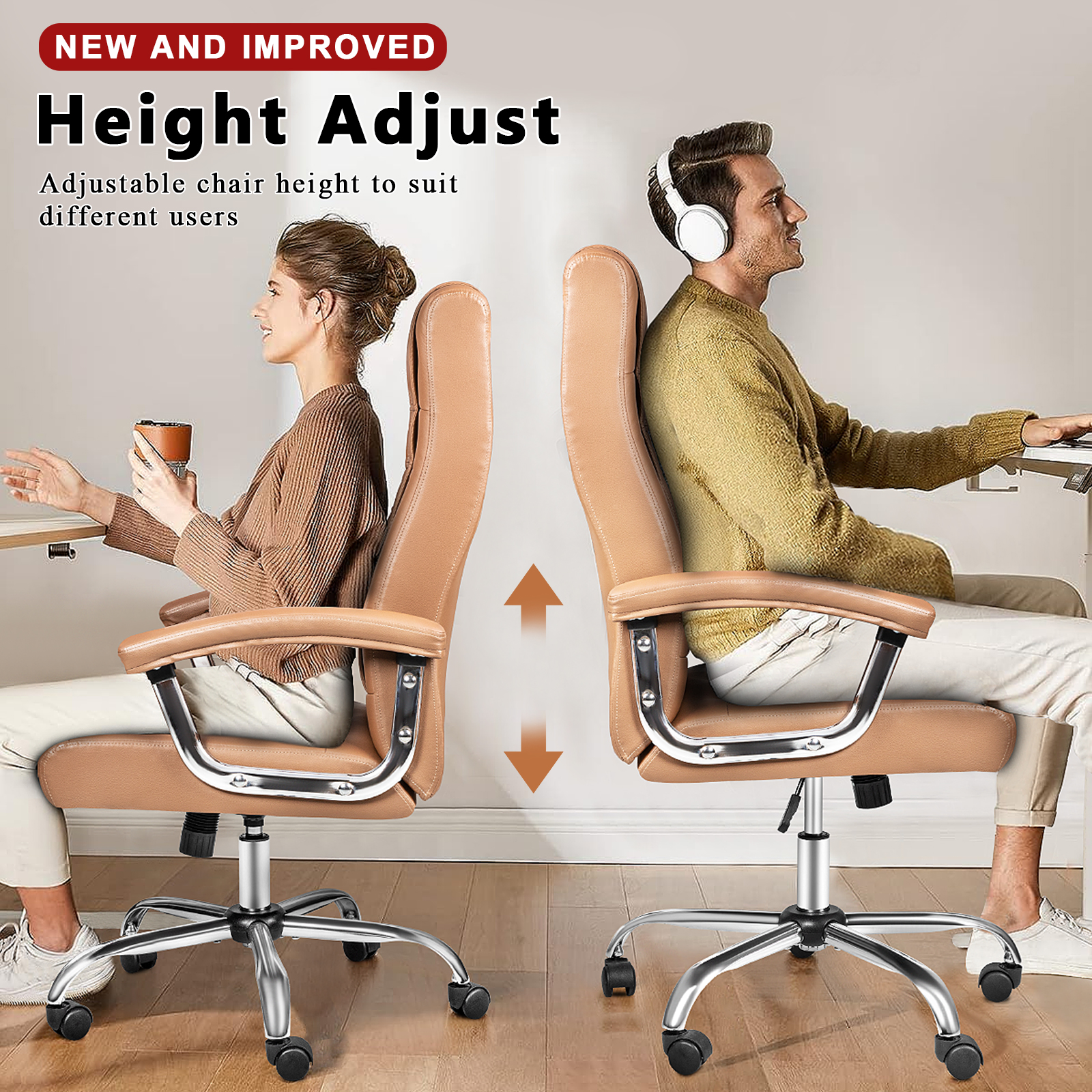 Waleaf Office Chair with Spring Cushion,400LBS High Back Computer Chair with Padded Armrest, Khaki - image 3 of 7