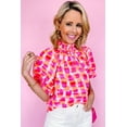thumbnail image 4 of Women's Pink Abstract Print Button Back Ruffled High Neck Blouse, 4 of 7