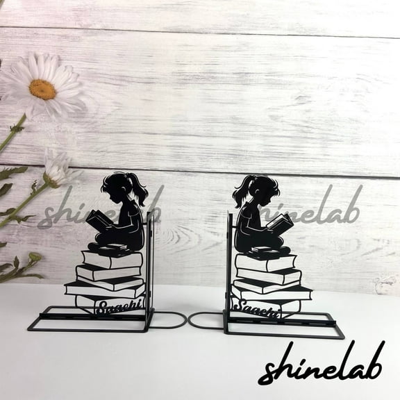 Shinelab Girl Reading Book Metal Bookends Kids Name Bookend Gift, Custom Tree Design Table Bookshelf Decor 5108