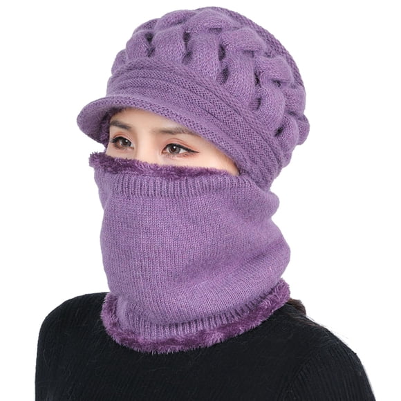 Sonducket 2020 nuevo calentador de cuello femenino Otoño Invierno gorros sombreros máscara mujer invierno sombrero tejido sombreros bufanda conjunto Sombreros Púrpura claro