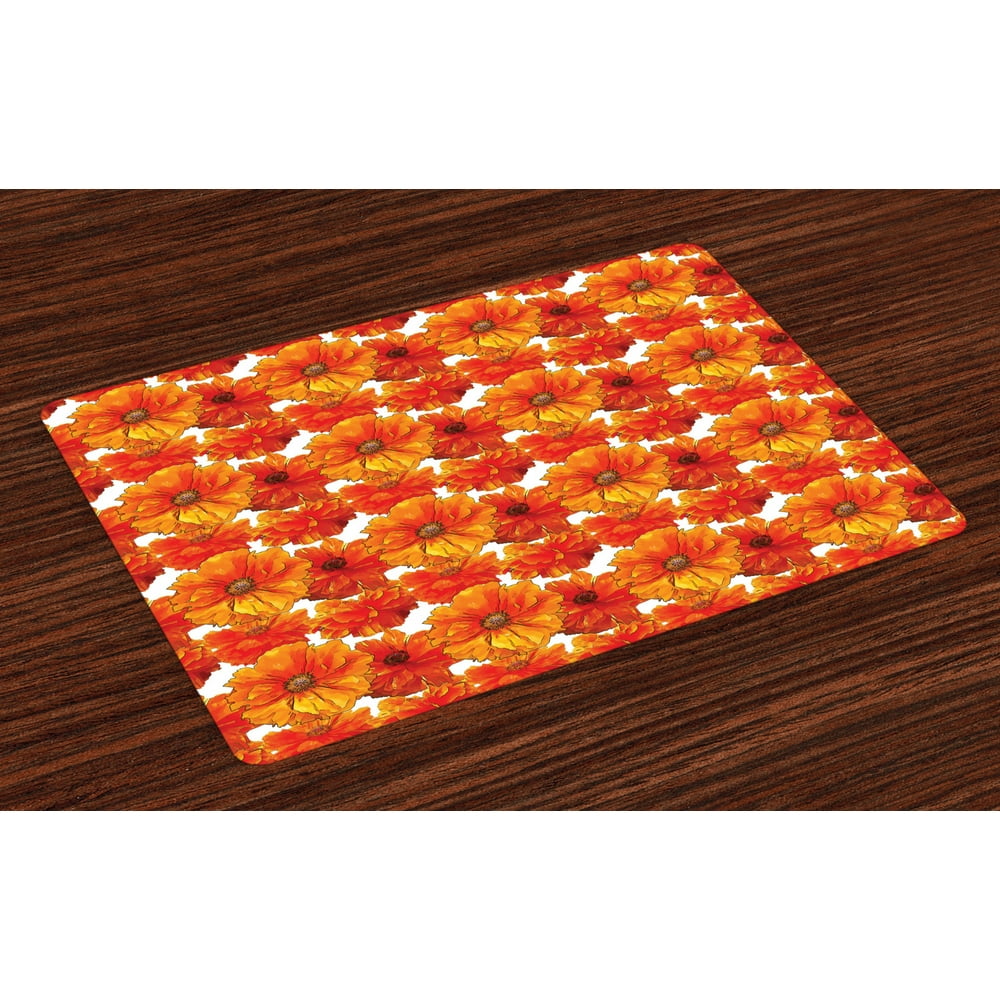 Orange Placemats Set of 4 Big Flourishing Bohemian Poppies on the