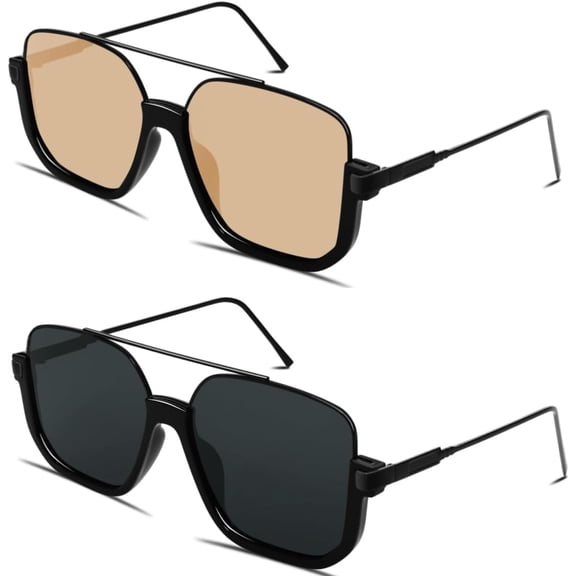 Retro Oversized Aviator Sunglasses for Women Men Square Double Bridge Pilot Sun Glasses 70s Trendy Shades