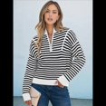thumbnail image 4 of Suéter de Punto Acanalado de Larga con Media Cremallera A Rayas para Mujer, Tops Casuales, Cómodos y Ligeros, Moda de Otoño Negro L, 4 of 8
