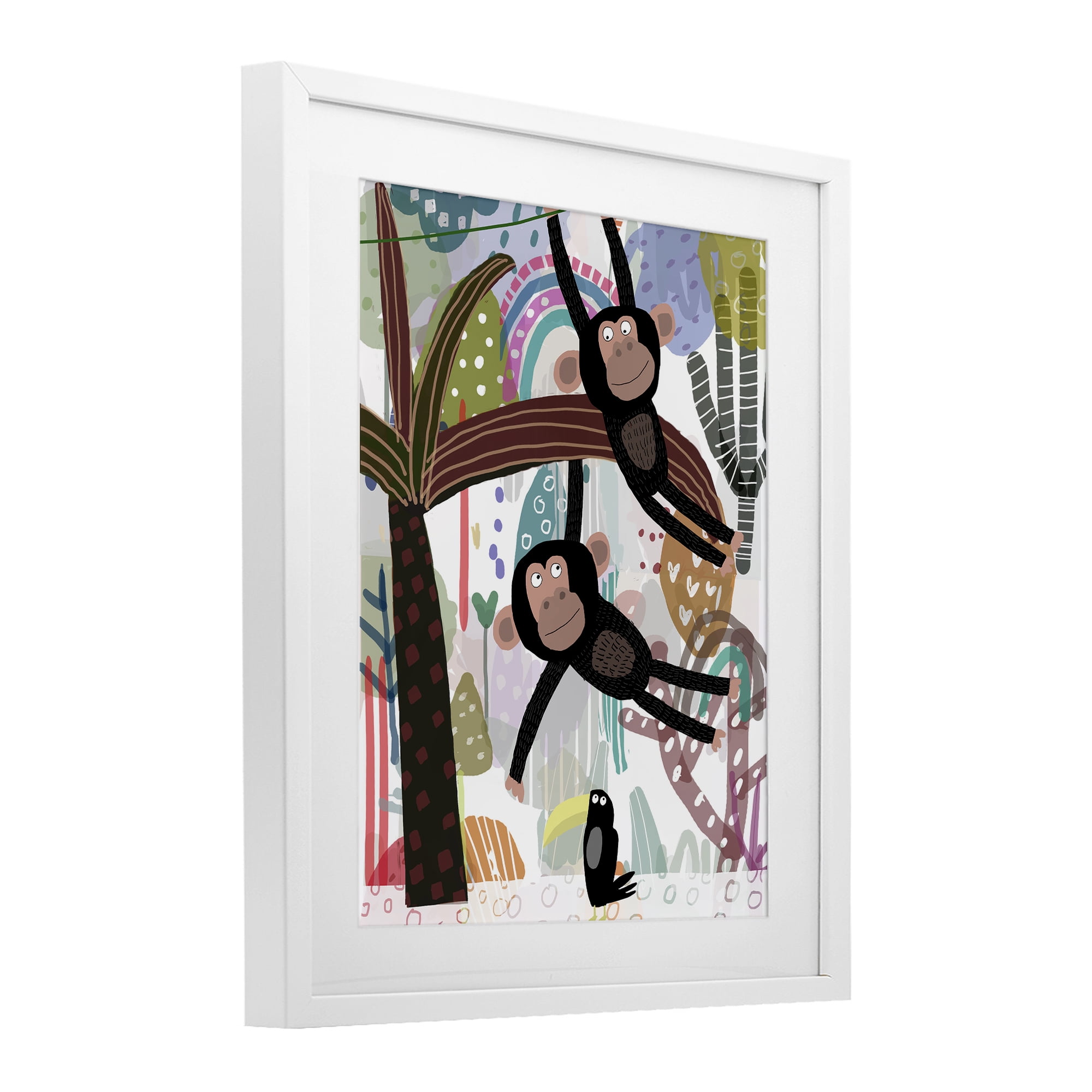 Exotic Monkey & Toucan White Framed Print Under Glass, design by Carla Daly