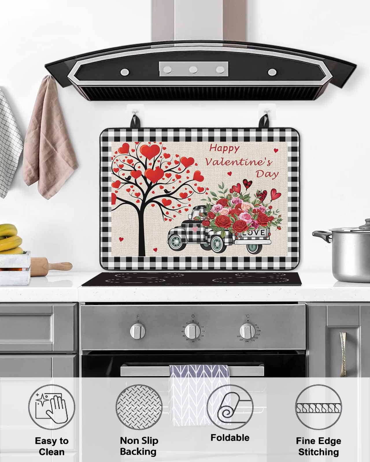 Large Induction Cooktop Protector Mat Valentine's Day Stove Top Covers for Electric Stove, Love Heart Roses Black White Plaid Romantic Rustic Decorative Stove Burner Cover Mats, Glass Top Stove Cover