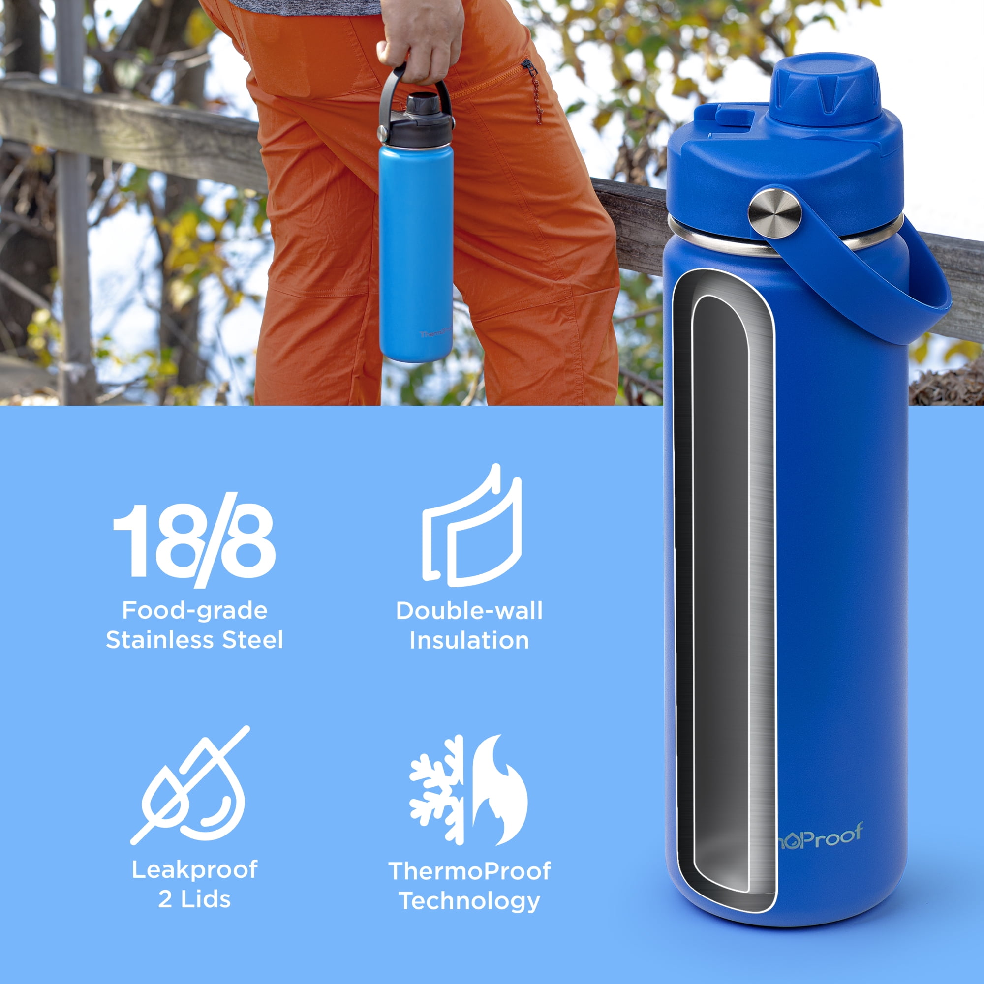 ThermoProof Insulated Stainless Steel Water Bottle 22oz, Leakproof Spout & Chug Lid, Keeps Cold 24H Hot 12H, Reusable Wide Mouth Bottle