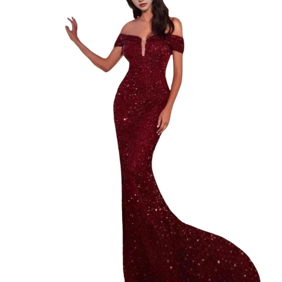 HXWCHs Elegant off The Shoulder Prom Gown Long Sequin formal Evening Dress for Women M Red