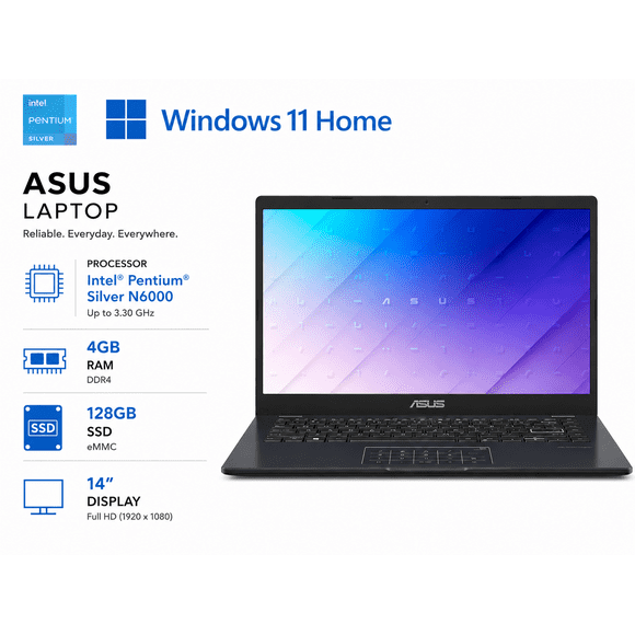 ASUS L410KA 14" FHD Laptop | Intel Pentium Silver N6000 / 4GB RAM / 128GB SSD / Intel UHD Graphics / Windows 11 Home / Bilingual Keyboard(Renewed)