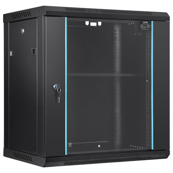 VEVOR 12U Wall-Mounted Server Network Cabinet, 15.5'' Depth, Secure Rack Enclosure, Supports up to 200 lbs, Lockable Glass Door & Sides, Ideal for IT & A/V Gear
