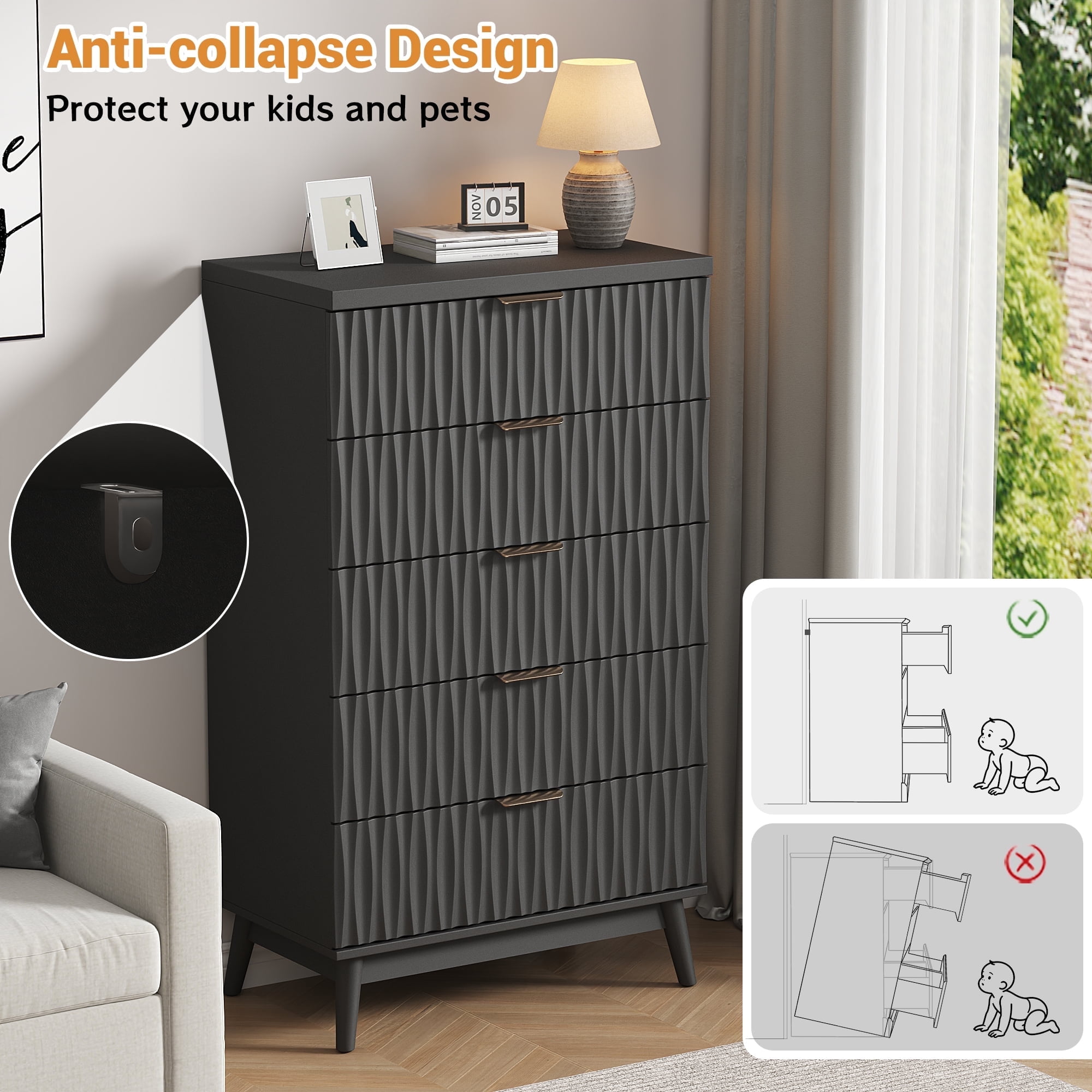 47"H Fluted 5 Drawer Dresser for Bedroom, Modern Chest of Drawers with Metal Handle, Wooden Storage Organizer for Living Room, Hallway, Black