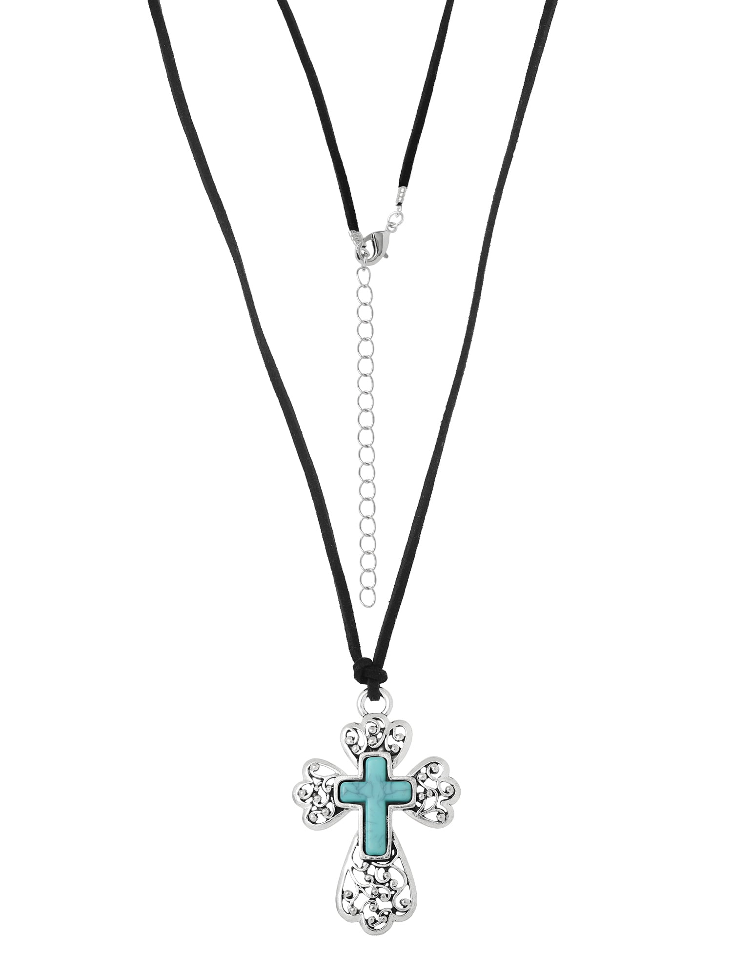 Jessica Simpson Women's Silver-Tone Cross Pendant Necklace with Turquoise Accent