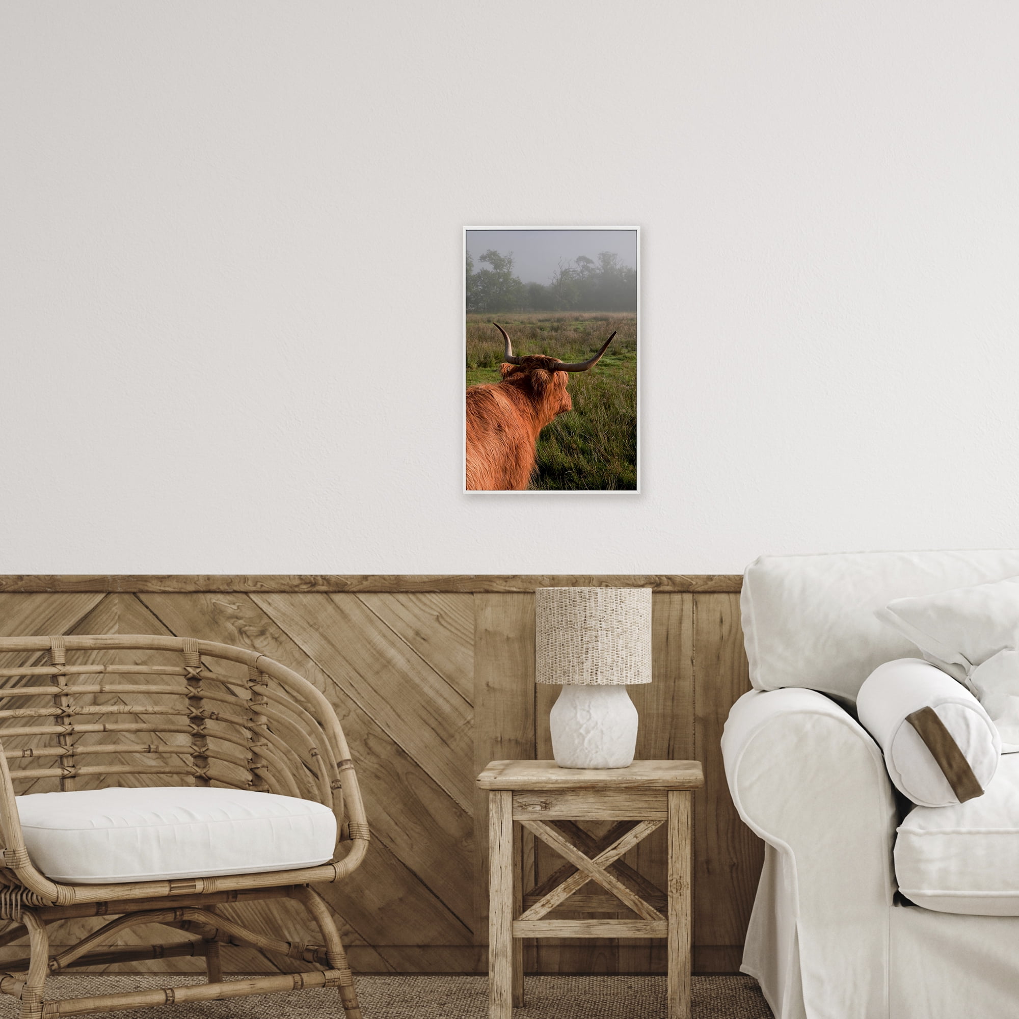 Highland Cow Gazing Out White Framed Giclee Art, design by Jenny Rainbow Fine Art