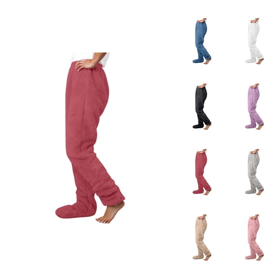 Footie Pajama Pants for Women 2026 Winter Thermal Comfort Furry Pj Pants Lounge Bottoms Sleepwear