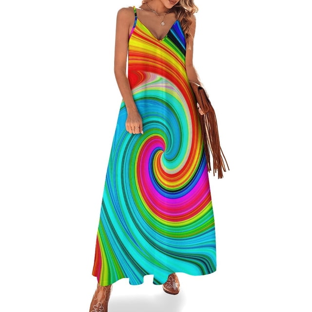 Vestido arcoíris abstracto con forma de onda líquida, vestido largo de fiesta, ropa de calle, bohemio, para playa, verano, cuello en V, vestido de gran tamaño