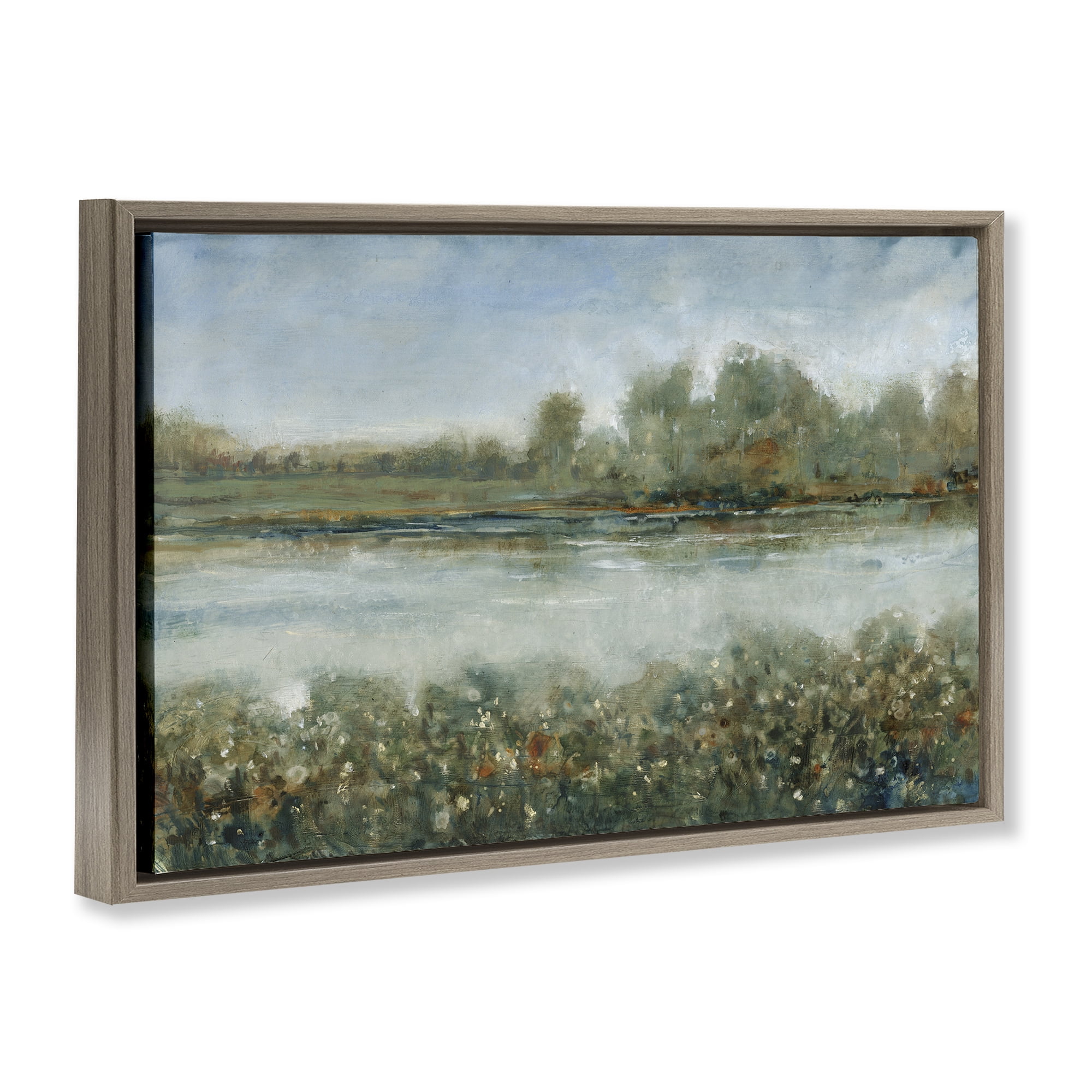 Stupell Industries Vegetation Lining River Landscape & Nature Painting Brown Floater Framed Canvas Art Print Wall Art, 31 x 21