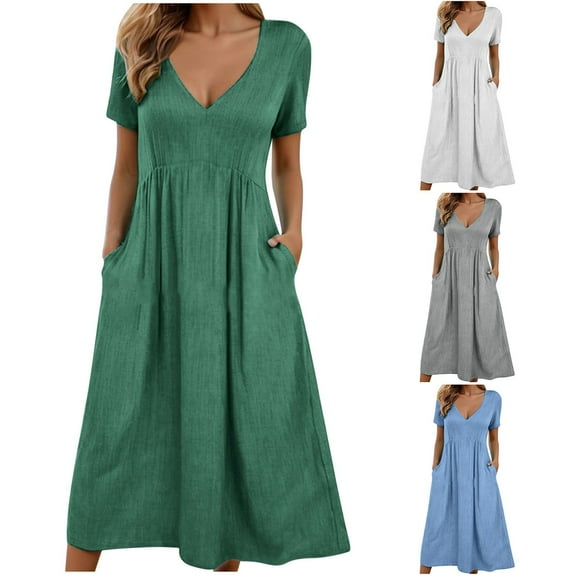 Abtuhar Women Summer Dresses 2025,Casual Dresses for Women,Women's Fashion Solid Color Short Sleeve V-Neck Waist In Dresses