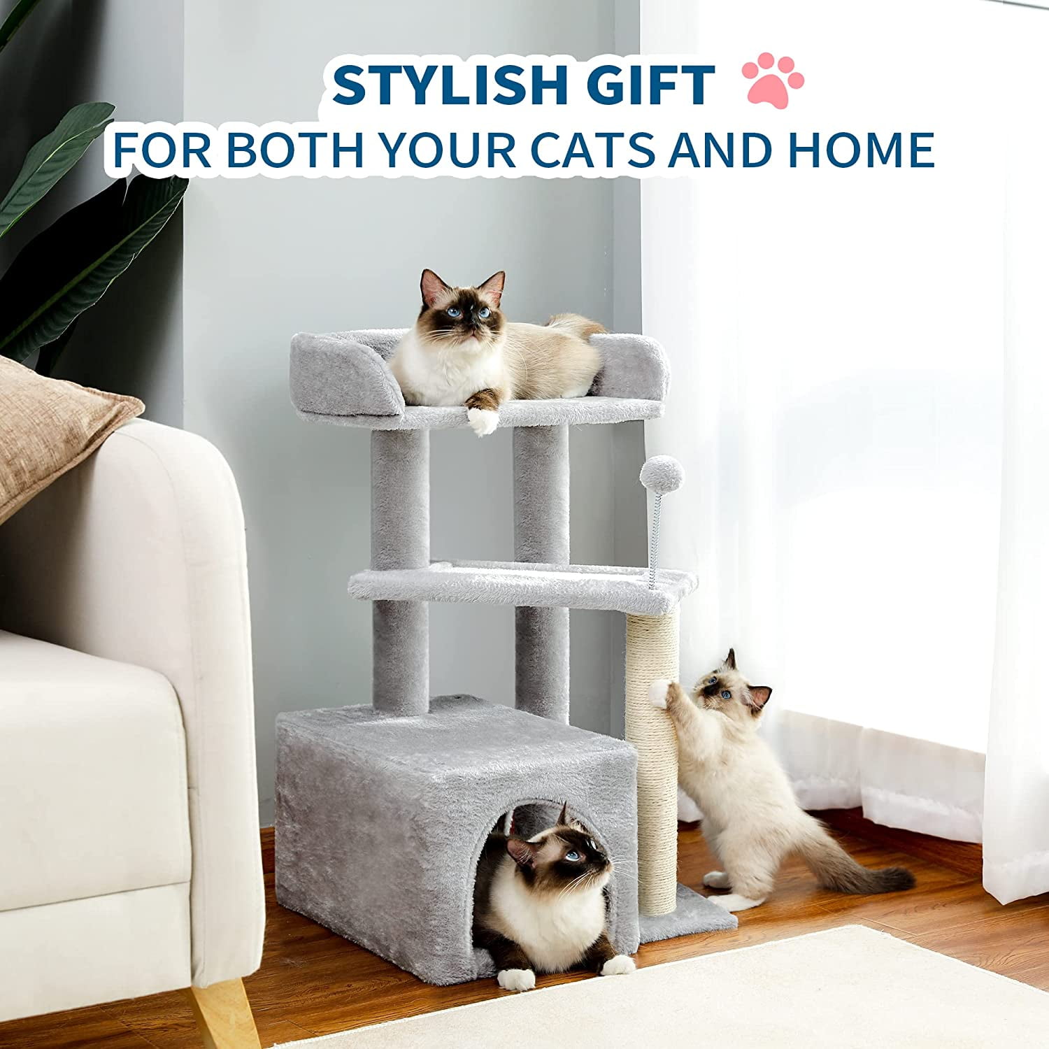 Made4Pets 3-Level Cat Tree with 2-Door Condo, Scratching Posts, Toy Ball, and Top Bed, Gray
