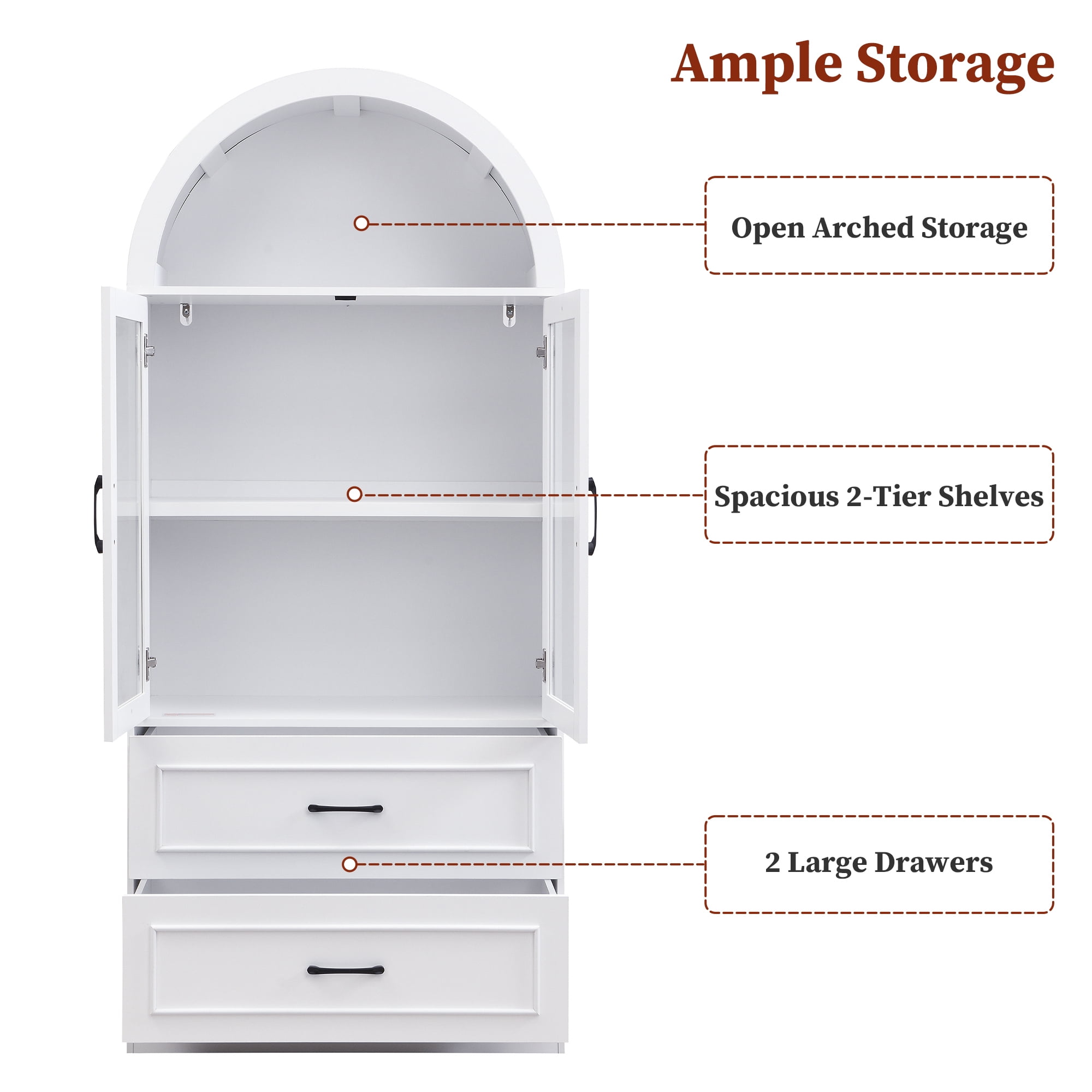 Euroco 71.25" Tall Arched Kitchen Pantry Cabinet,Farmhouse Wood Arched Storage Cabinet with Glass Door & 2 Drawers for Kitchen & Living Room,White