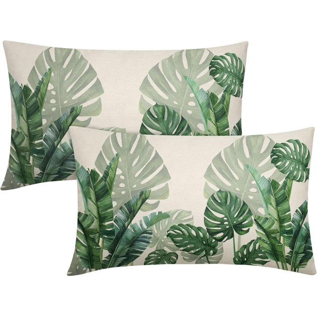 Tropical Green Leaf Rectangular Pillow Covers 12X20 in Botanical Banana Monstera Plant Palm Tree Couch Pillow Cases Set of 2 Summer Throw Pillows Home Decor for Room Bedroom Bed Cushion Outdoor