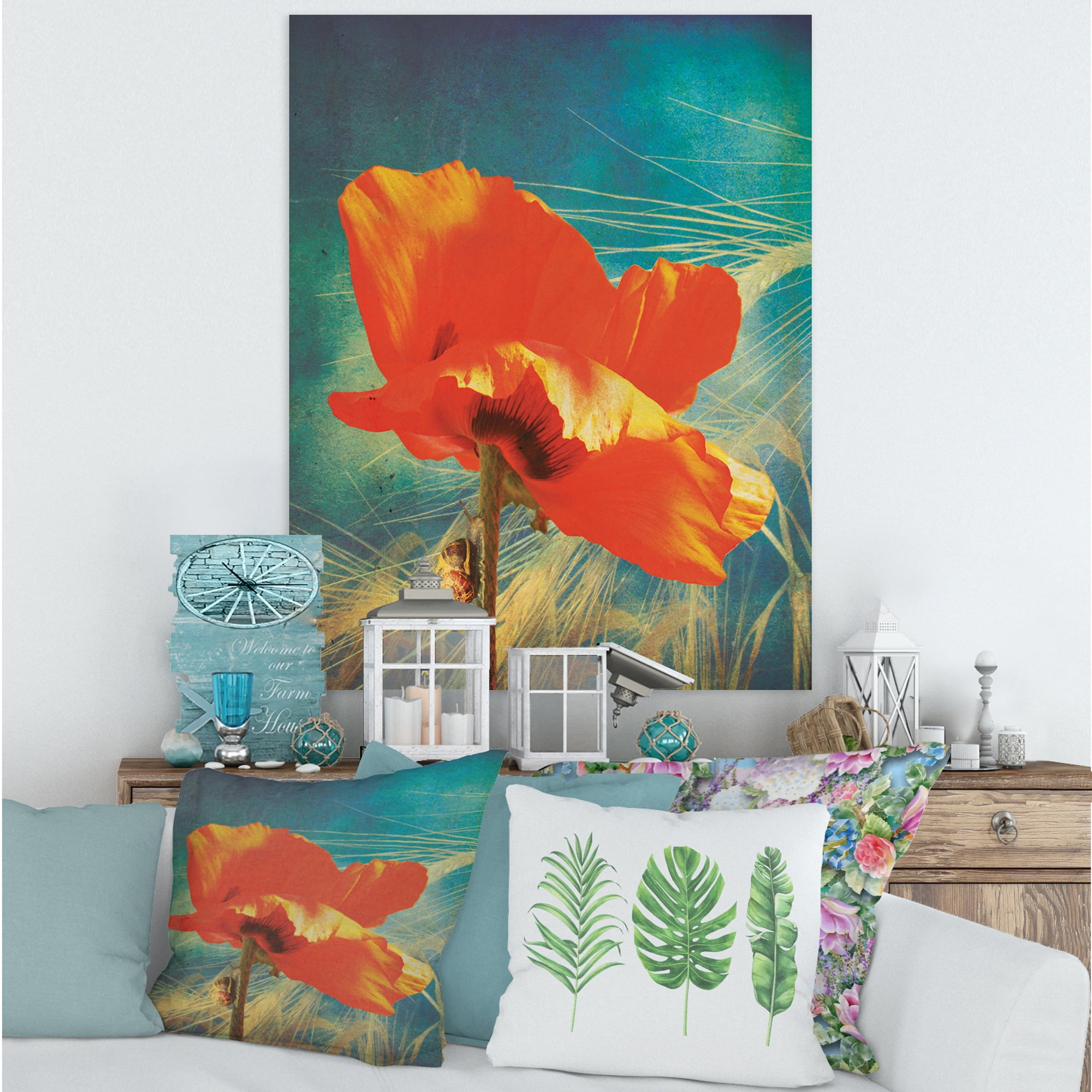 Designart ' Ancient Grunge Poppy ' Traditional Canvas Wall Art Print