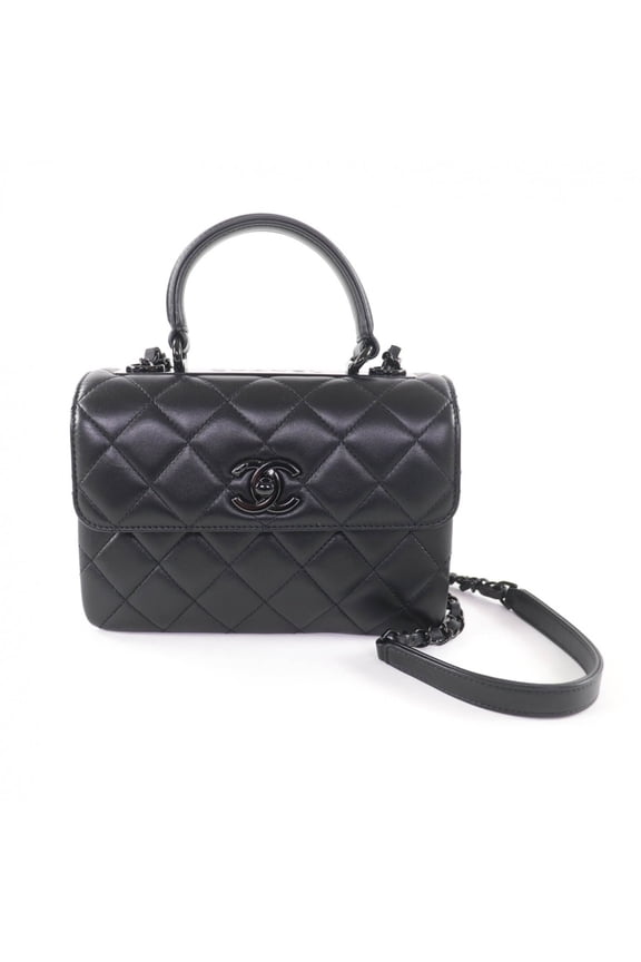 Pre-Owned CHANEL Trendy CC Lambskin Leather Top Handle Matelass Chain Shoulder Bag, Black...