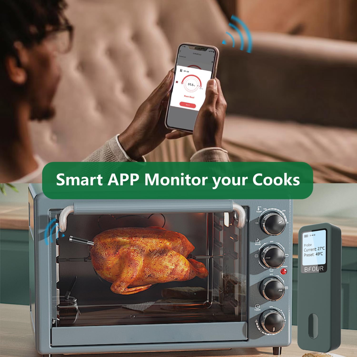 BFOUR Wireless Meat Thermometer with Bluetooth for Smoker,BBQ, Oven, Grill, Kitchen, Rotisserie