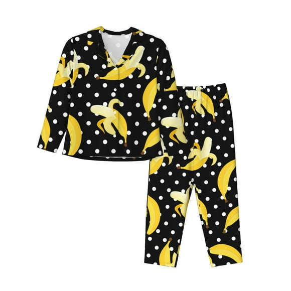 Saiise Banana Pattern Women's Long-Sleeved Pajama Set Button Front Sleepwear with Pockets Lounge Set for Home Relax Nightwear-Large
