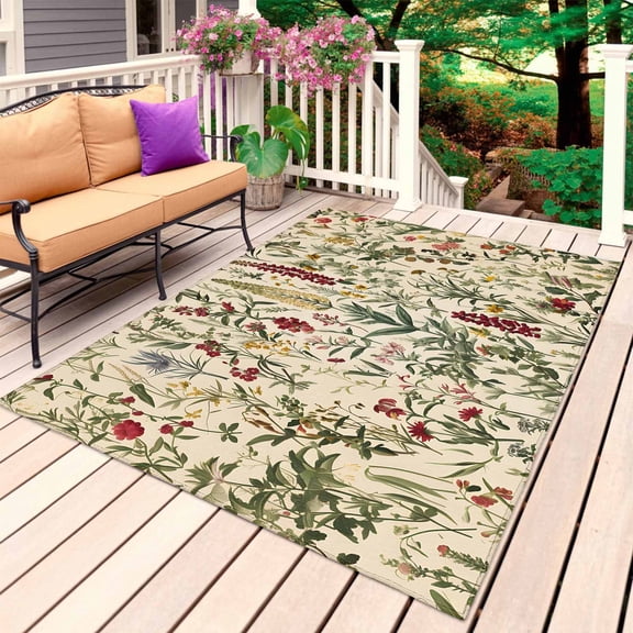 Vintage Plant Outdoor Rug for Patio/Deck/Porch, Non-Slip Large Area Rug 4 x 6 Ft, Boho Botanical Flowers Green Leaf Ferns Indoor Outdoor Rugs Washable Area Rugs, Reversible Camping Rug Carpet Runner