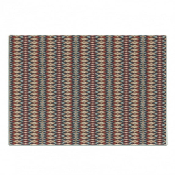 Ikat Cutting Board, Indigenous Civilizations Ornamental Abstract Rhombus and Lines, Decorative Tempered Glass Cutting and Serving Board, Small Size, Vermilion Orange Seafoam, by Ambesonne