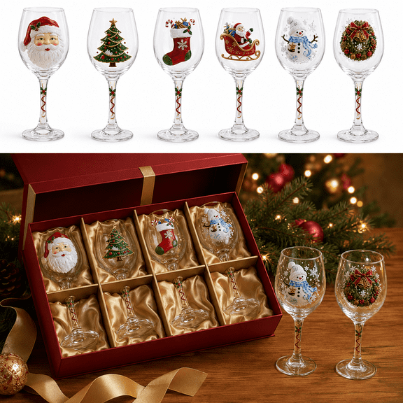 Christmas 3D Wine Glass Collection Gift Box Set A, Hand Painted Christmas Goblet Set with 3D Raised Holiday Patterns, Clear Wine Glasses for Xmas Dinner Party Home Decor Gift!