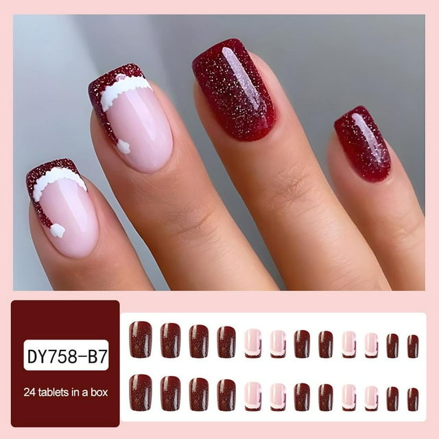 Christmas 24PCs False Fake Nails Snowflake French Fake Nails Acrylic Nail A
